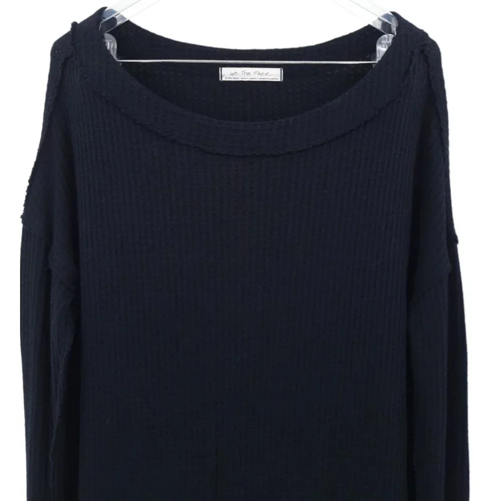 We The Free FP Black North Shore Waffle Knit Long Sleeve Tee XS Thumbholes_5